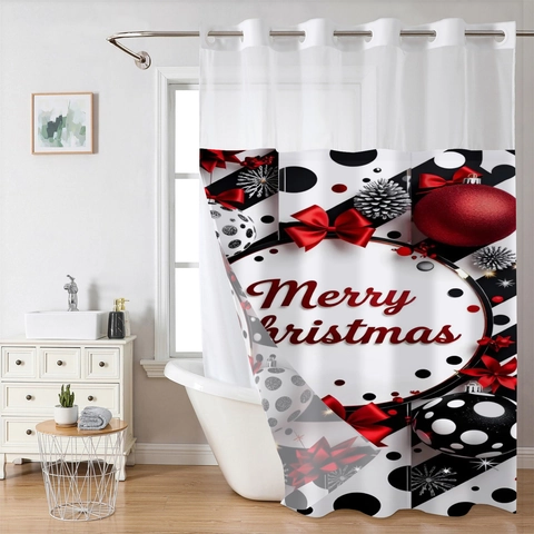 Christmas Shower Curtain Waffle Weave Waterproof Double Layer With Detachable Liner Hookless Ring Bathroom Holiday Decor