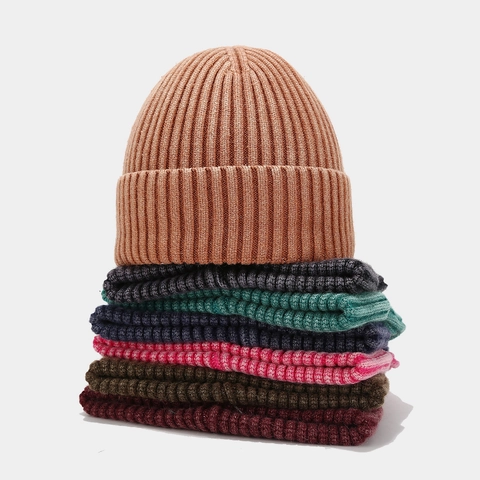 Ribbed Knit Beanie Core Spun Yarn Warm Thick Cuffed Winter Outdoor Vintage Skull Cap For Women