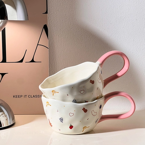 Tazza In Ceramica Irregolare Tazza Da Caffè Pizzicata A Mano Simpatico Cartone Animato Orso Coniglio Manico Colorato Kawaii Colazione Regalo