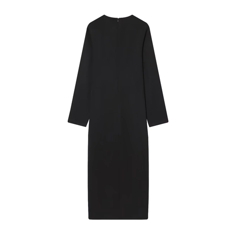 Elegant Long Sleeve Midi Dress Slim Fit Round Neck Gold Buttons Belted With Pockets Polyester Solid Black Women