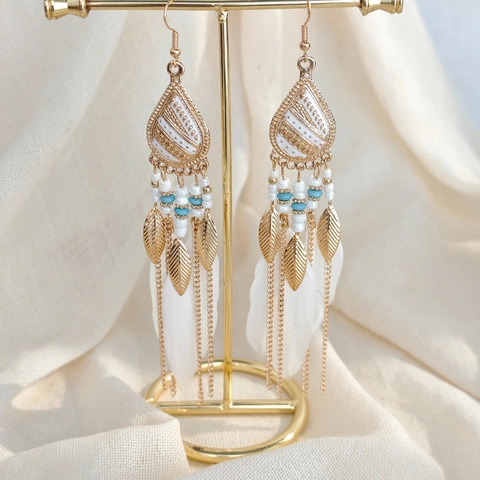 Bohemian Ethnic Long Tassel Drop Earrings Vintage Feather Alloy Bead Dangle Jewelry For Women Exotic Holiday Accessory