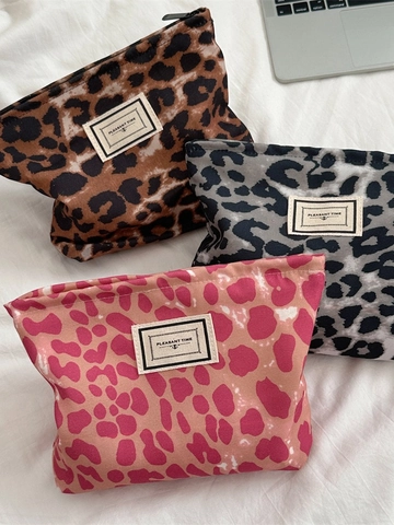 Leopard Print Makeup Bag Portable Cosmetic Pouch Zipper Storage Case Polyester Canvas Travel Organizer For Women