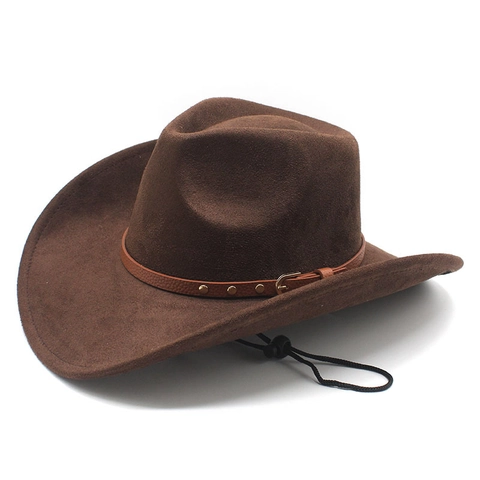 Western Cowboy Hat Suede Fabric With Studded Leather Belt And Adjustable Windproof Rope Retro Jazz Fedora Style Hat