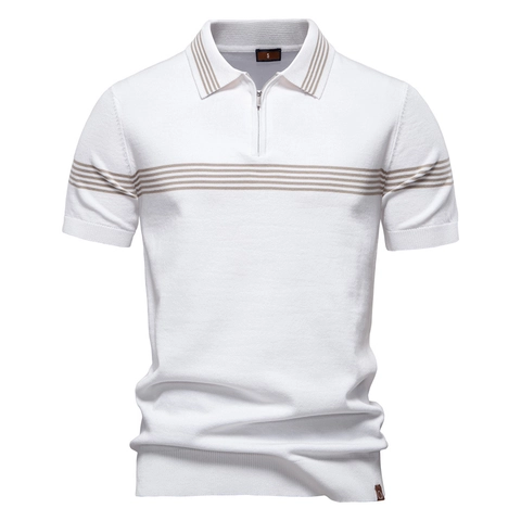 Polo En Tricot Rayé Pour Hommes Manches Courtes Demi-Fermeture Éclair Col Rabattu Business Casual Mélange De Viscose