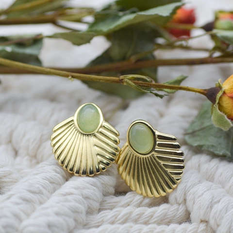 Fan Shaped Stud Earrings Stainless Steel 18K Gold Plated Natural Stone Inlay Retro Bohemian Style Jewelry For Women