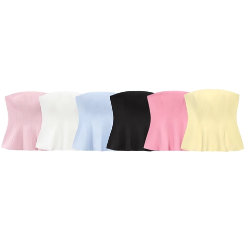 Women Peplum Tube Top Strapless Slim Fit Structural Stitching Polyester Solid Color Chic Fashion Top