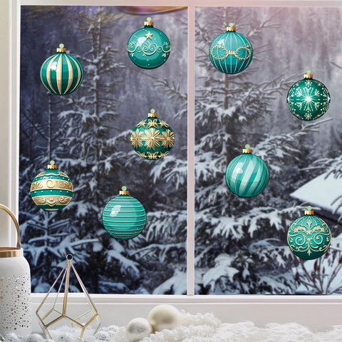 Autocollants Fenêtre Noël PVC Sarcelle Or Boule Flocon De Neige Statique Réutilisable Pour Décoration De Fête Maison