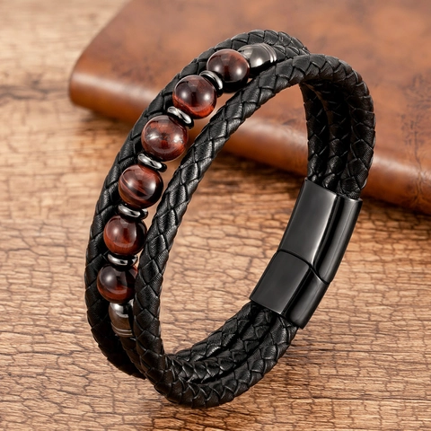 Men Multi-Layer Beaded Bracelet Braided Leather Tiger Eye Natural Stone Stainless Steel Magnetic Clasp Retro Trendy Gift