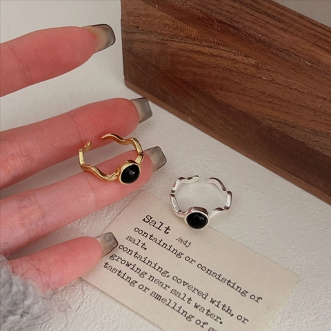 Anello In Argento Sterling 925 Con Agata Nera Rotonda Design A Onda Minimalista Anello Aperto Regolabile Per Donna