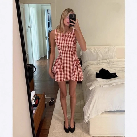 Vestito Mini Quadri Gingham Senza Maniche Fiocco Cerniera Posteriore Linea A Estate Dolce Stile Pastorale Donne