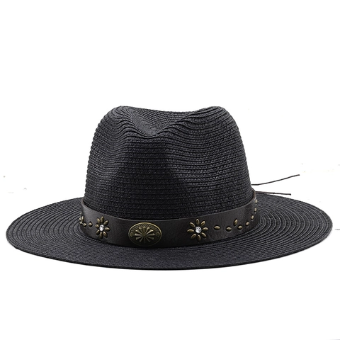 Straw Fedora Hat With Leather Belt Copper Flower Sunscreen Outdoor Wide Brim Beach Retro Bohemian Style Women Men