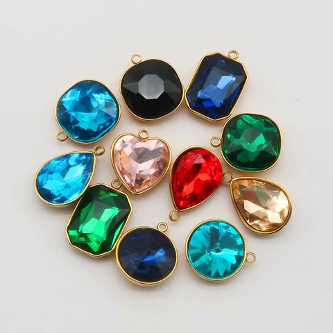 Stainless Steel Faceted Glass Crystal Gemstone DIY Jewelry Making Pendant Multi Shape Color Necklace Earring Finding