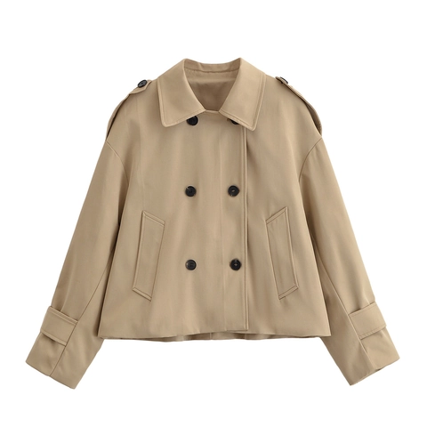 Women Short Trench Coat Double Breasted Khaki Polyester Twill Lapel Long Sleeve Jacket Outerwear