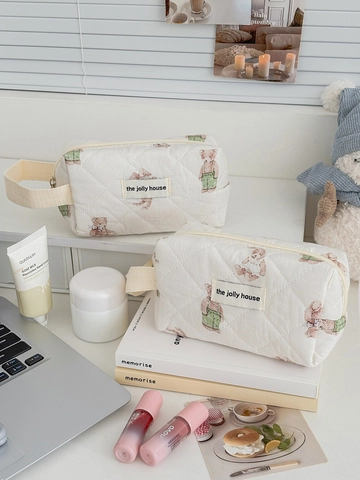 Gesteppte Baumwolle Kosmetiktasche Süßer Cartoon Bär Druck Oktogonal Tragbare Reißverschluss Reise Make-up Aufbewahrungstasche