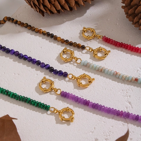 Natural Stone Beaded Necklace With Stainless Steel Findings 18K Gold Plated Vintage Palace Style Waterproof Niche Jewelry For Women