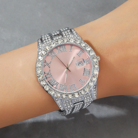 Women Quartz Watch Luxury Rhinestone Encrusted Iced Out Roman Numeral Dial Calendar Date Fashion Metal Alloy Wristwatch