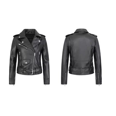 Chaqueta De Motocicleta De Cuero Sintético Para Mujer Corta Vintage Biker Moto Ropa Con Cinturón Cremallera Plateada