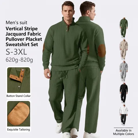 Men Casual Knitted Ribbed Jacquard Top And Pants Stand Collar Button Half Zip Elbow Patch Drawstring Solid Color