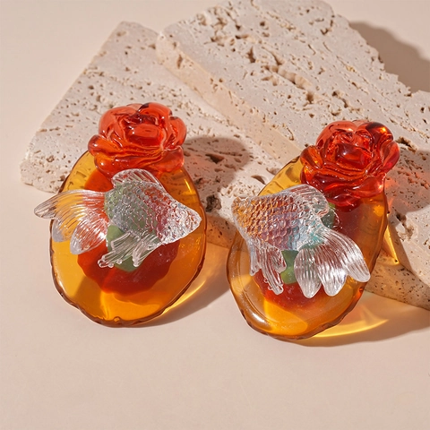 Vintage Resin Goldfish Rose Earrings With 925 Sterling Silver Earring Post Chinese Style Transparent Jewelry For Women