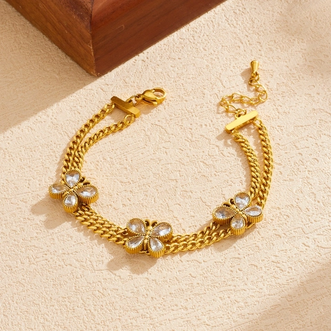 Pulsera De Doble Capa De Acero Inoxidable Chapado En Oro Mujer Mariposa Zircon Charmes Ajustable Joyería Moda
