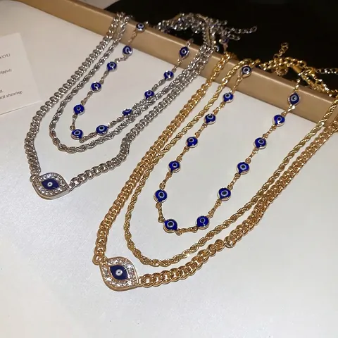 Evil Eye Mehrlagiges Halsketten Set Für Damen Legierung Straß Emaille Vintage Hof Stil Schlüsselbein Kette Schmuck Geschenk