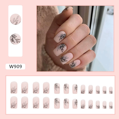 Matte Pink Press On Nails With Black Leaf Silhouette Vintage European Square Shape Artificial Fingernails Women