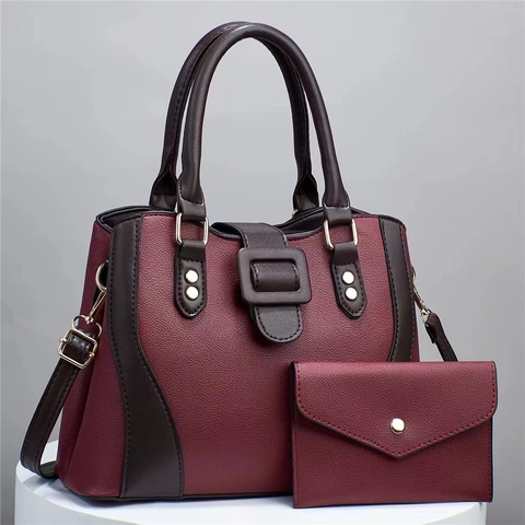 Bolso De Mano Y Cartera De Cuero PU Con Patrón De Lichi Color En Contrasτε Gran Capacidad Bolso De Hombro Retro Mujer