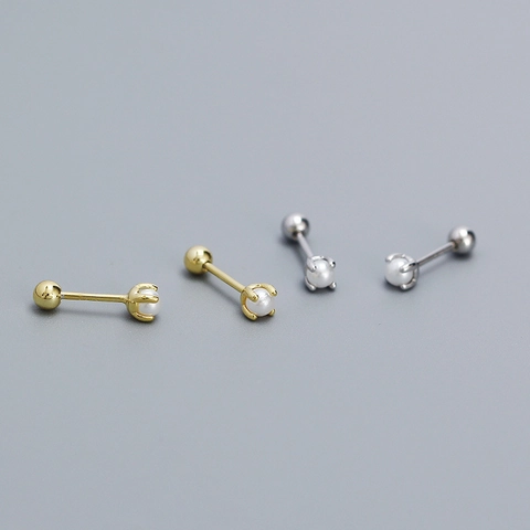 Artificial Pearl Stud Earrings With 925 Sterling Silver Earring Post Elegant Screw Ball Back Prong Setting Geometric For Women