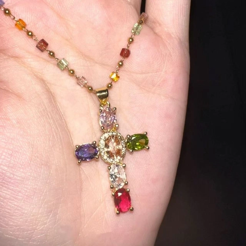 Colorful Zircon Cross Pendant Necklace Gold Alloy Chain With Multi Color Beads For Women Light Luxury Fashion Jewelry