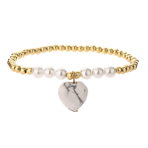 Elegant Beaded Bracelet Heart Shaped Natural Stone Agate Tiger Eye Pendant Copper Beads Imitation Artificial Pearls Elastic Jewelry