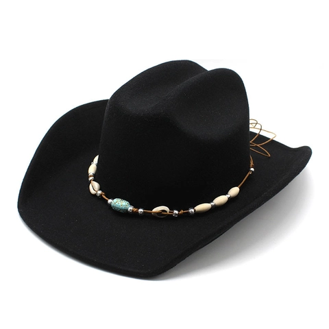 Western Cowboy Hat Bohemian Ethnic Wool Felt Wide Brim Sun Protection Shell Turquoise Beads Fedora For Women Men