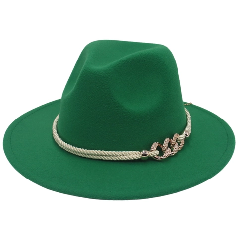 Vintage Wide Brim Fedora Hat Wool Felt Jazz Cap With Gold Chain And Cotton Rope Decor For Women Men Elegant