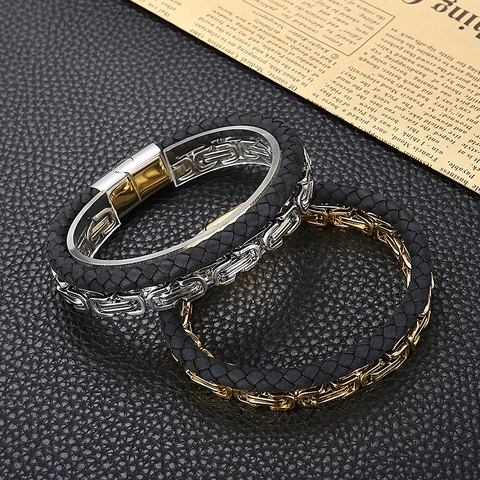 Pulsera Hombre Cadena Bizantina Cuero Trenzado Multicapa Acero Inoxidable Retro Cierre Magnético Joyería