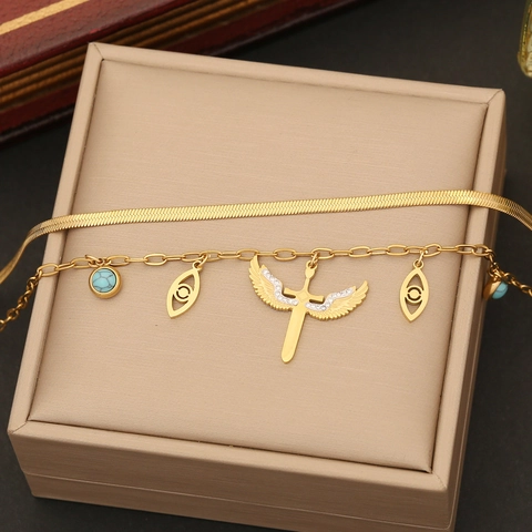 Layered Stainless Steel Necklace And Earrings Jewelry With Winged Cross Rhinestone Evil Eye Turquoise Gothic For Women