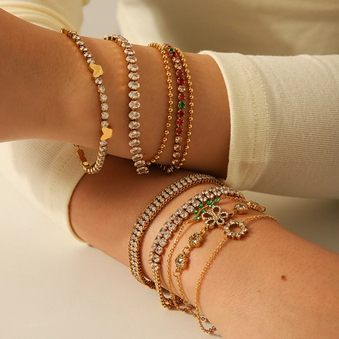 Women Stainless Steel Bracelet 18K Gold Plated Zircon Flower Butterfly Heart Elegant Tennis Jewelry Waterproof Adjustable