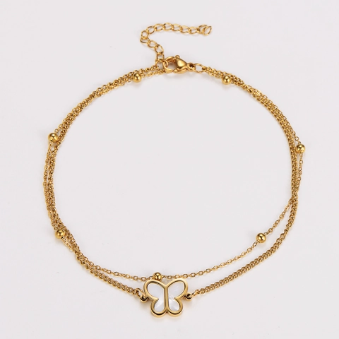 Double Layer Butterfly Pendant Bracelet Anklet For Women 304 Stainless Steel Gold Plated Shell Inlay Fashion Jewelry