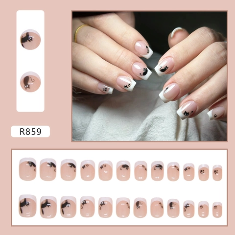 Unghie Finte Plastica ABS French Tip Rimovibile Corto Quadrato Cartone Animato Gatto Nero Zampa Lisca Di Pesce Carino Donna