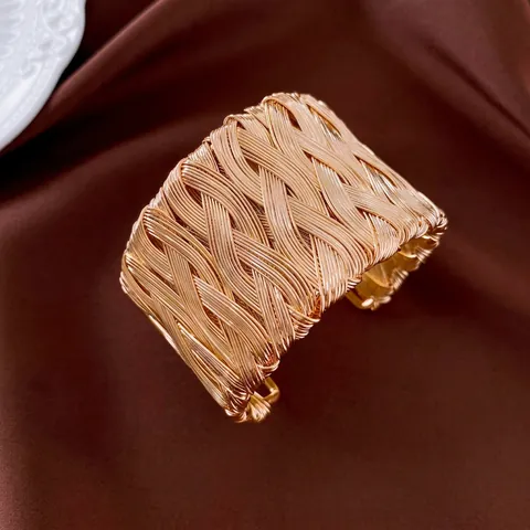Wide Woven Cuff Bracelet Metal Twisted Cross Design Open Bangle For Women Bohemian Vintage Style Alloy Accessory
