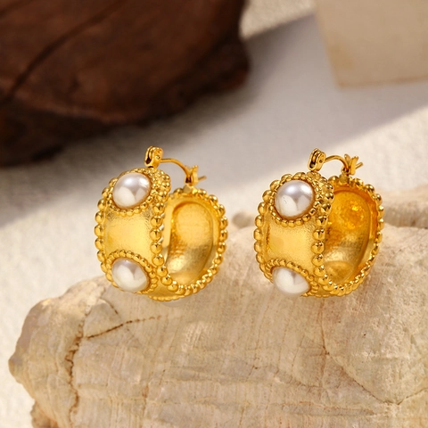 Orecchini a Cerchio Vintage in Acciaio Inossidabile per Donna Oro Galvanizzato Tonda Perla Artificiale Gioielli
