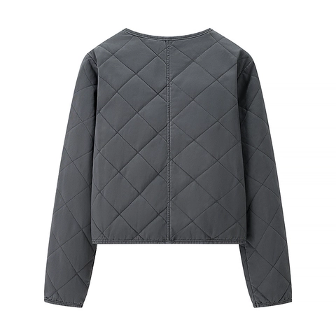 Women Diamond Quilted Jacket Lightweight Round Neck Zipper Coat Padded Casual Short Outwear For Autumn Winter Ladies