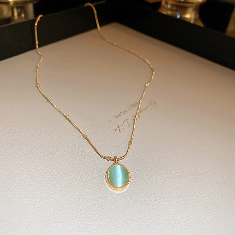 Collar Con Colgante De Piedra Ojo De Gato Acero Inoxidable Chapado En Oro Cadena De Bolas Gema Verde Ovalada Joyería