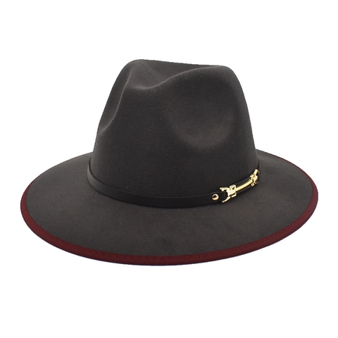Chapeau Fedora À Large Bord Mélange De Laine Jazz Cap Avec Passepoil Contrasté Boucle Dorée Style Britannique Rétro