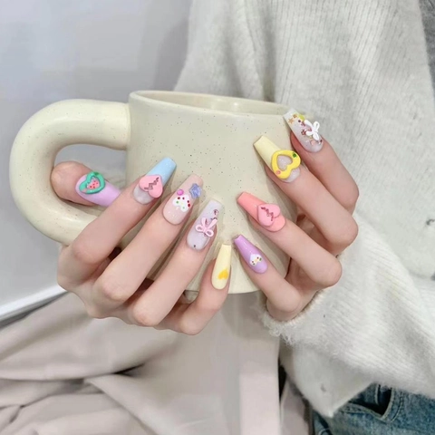 Handmade Macaron 3D Relief Heart Butterfly Coffin Press On Nails For Women Artificial False Nails Fashion Manicure Nail Art