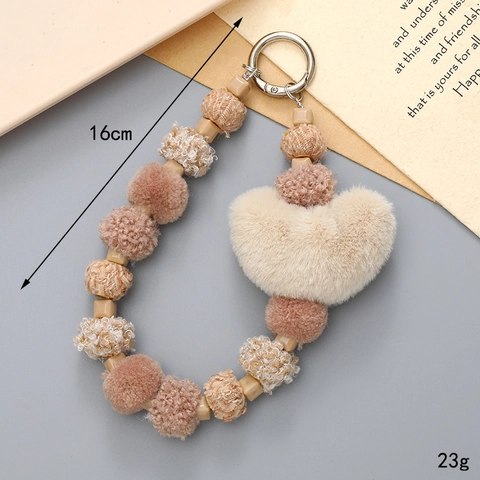 Creative Plush Heart Beaded Keychain For Women Bag Charm Soft Pom Pom Phone Strap Cute Heart Shaped Pendant Accessory