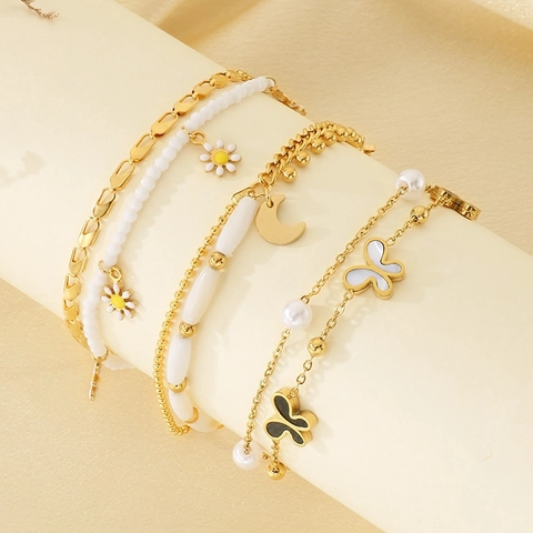 Bracciale A Strati In Acciaio Inossidabile Con Perla Artificial Farfalla Margherita Luna Stella Gioielli Eleganti Da Donna
