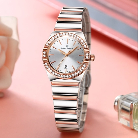 CAVEN DENTON Women Quartz Watch Waterproof Date Display Rhinestone Bezel Two-Tone Alloy Steel Band Luxury Wristwatch