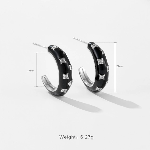 Moderni Orecchini a Cerchio a Forma di C in Rame per Donna Smalto Nero Motivo a Stella Strass Placcati Oro Argento Gioielli di Moda