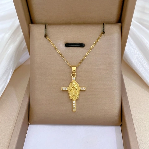 Collana Con Pendente A Croce Della Vergine Maria Catena In Acciaio Inossidabile Placcato Oro Rame Zirconia Gioielli