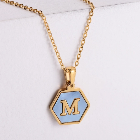 Collana Con Ciondolo Esagonale Con Intarsio Di Conchiglia Blu Lettera Iniziale Acciaio Inossidabile Placcato Oro Gioielli Donna