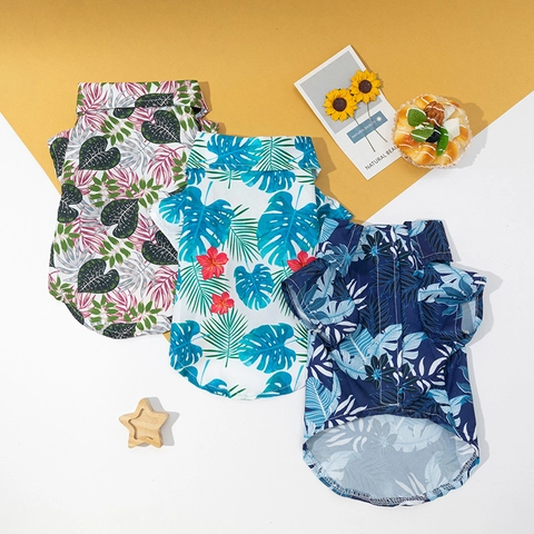 Hawaiian Pet Shirt Polyester Breathable Tropical Leaf Print Summer Beach Clothes For Dogs Cats